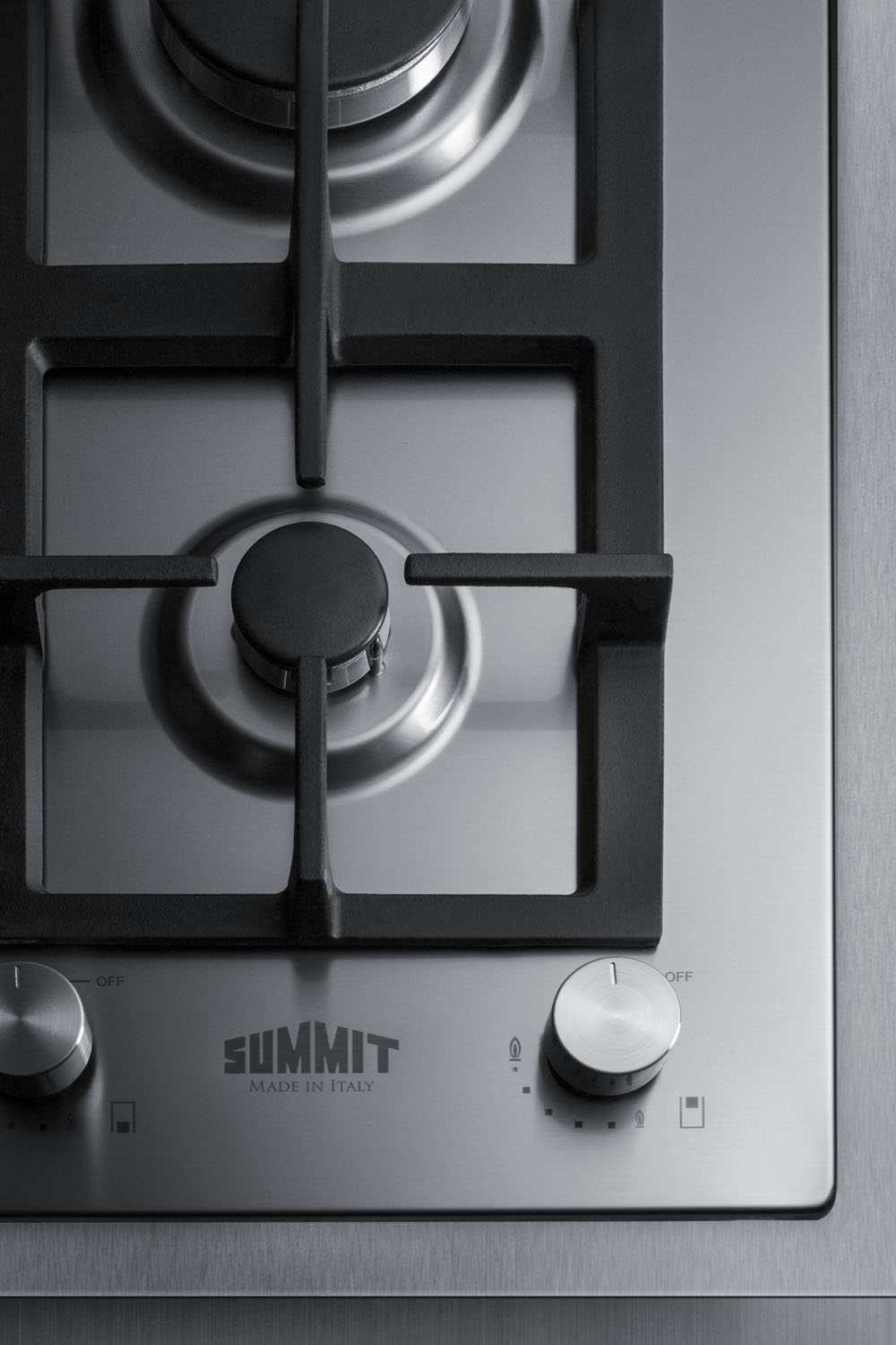 2-burner gas cooktop made in Italy with sealed burners, multiple heating outputs, 304 grade stainless steel surface, and stainless steel trim kit to cover 15